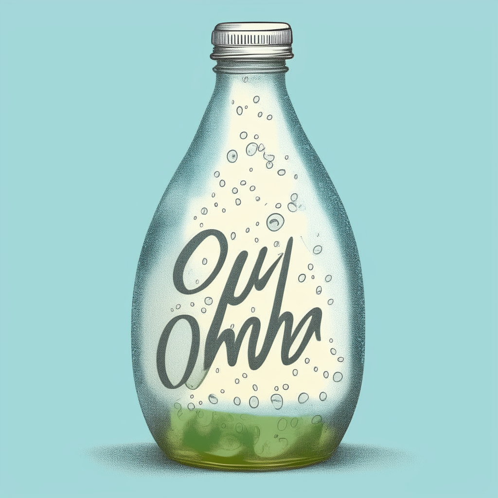 a glass water bottle with drink water written on it in bubble letters, illustrated