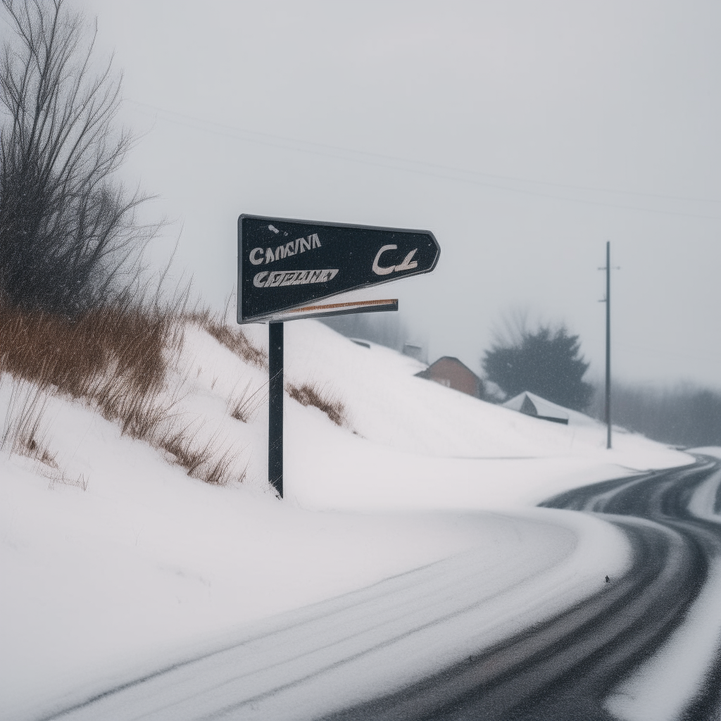 a street sign sitting on the side of a snowy road, snow is falling and blowing in the wind