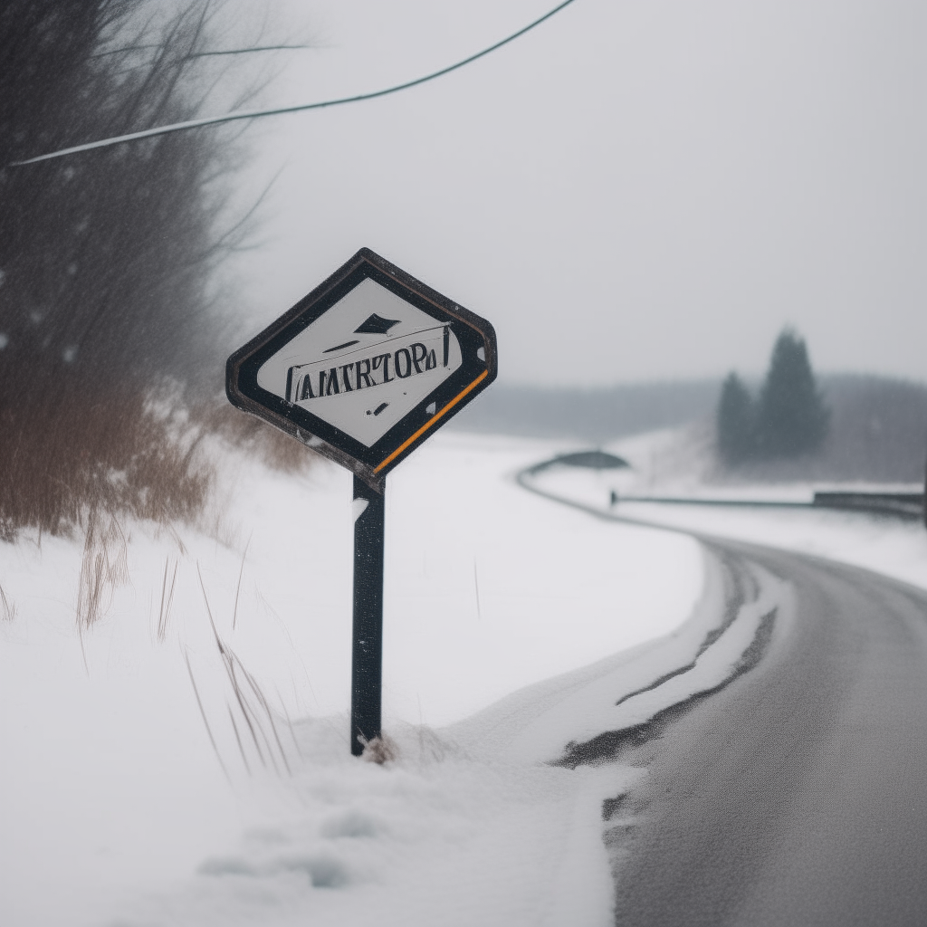 a street sign sitting on the side of a snowy road, snow is heavily falling and the sign is swaying in the strong wind