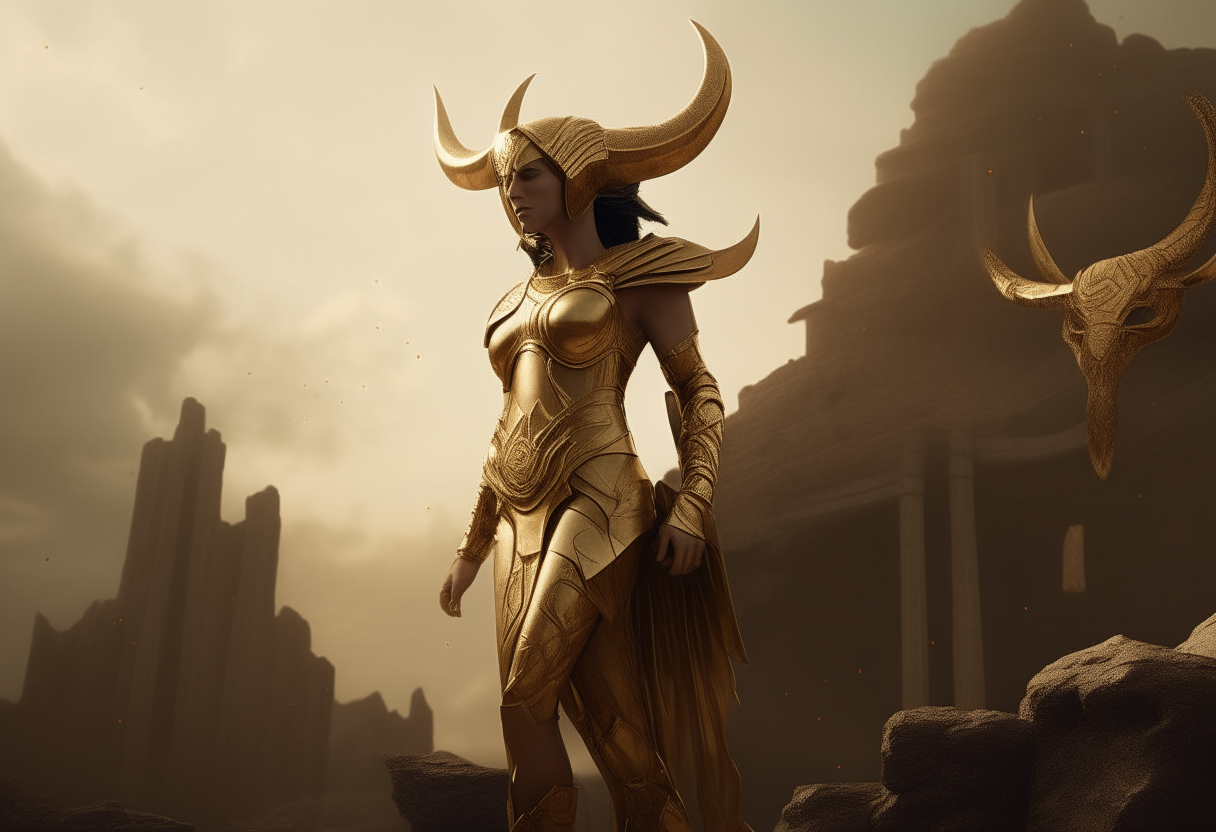 A woman wearing a golden Taurus Zodiac Cloth armor standing tall with her head held high on top of ruins, digital art