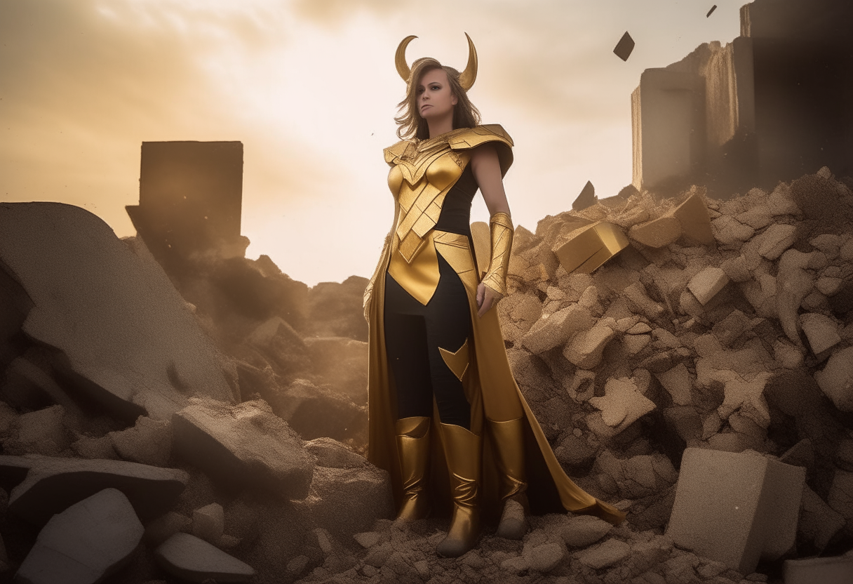 A female Taurus Gold Saint cosplay character standing tall with pride on top of ruins and rubble, digital art