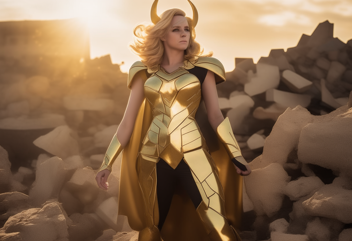 A female Taurus Gold Saint cosplay character standing tall with pride on top of ruins and rubble, with sunlight shining brightly on her golden armor