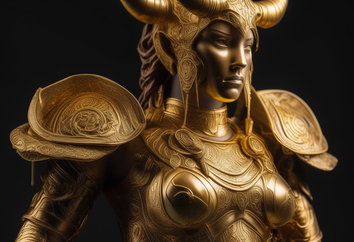 A female Taurus Gold Saint in golden armor with intricate details, standing proudly with her chest and neck exposed