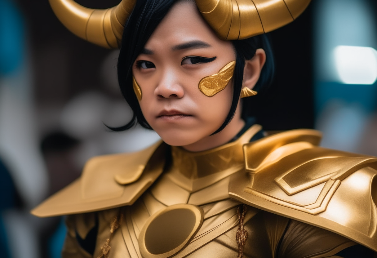 A female Taurus Gold Saint cosplay character of Asian ethnicity, photographed professionally with shallow depth of field