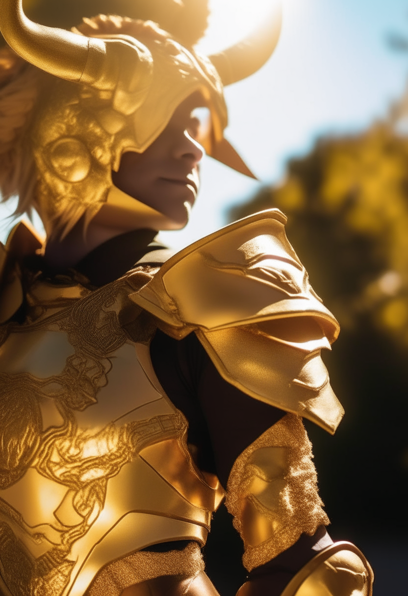 A gourd doll character wearing a golden Taurus Zodiac Saint armor cosplay costume, photographed in vibrant sunlight with rich details