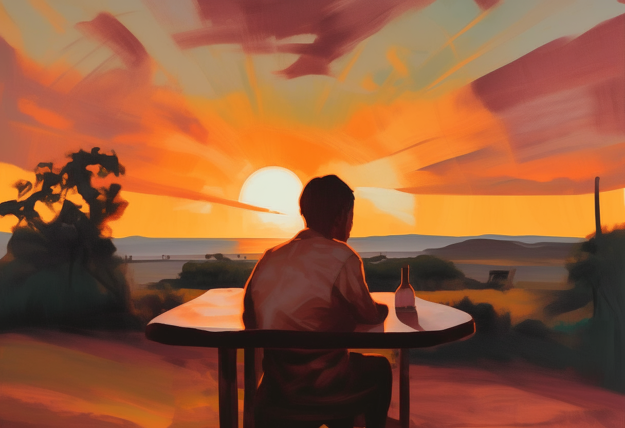 a painting of a person sitting at a table in front of a sunset