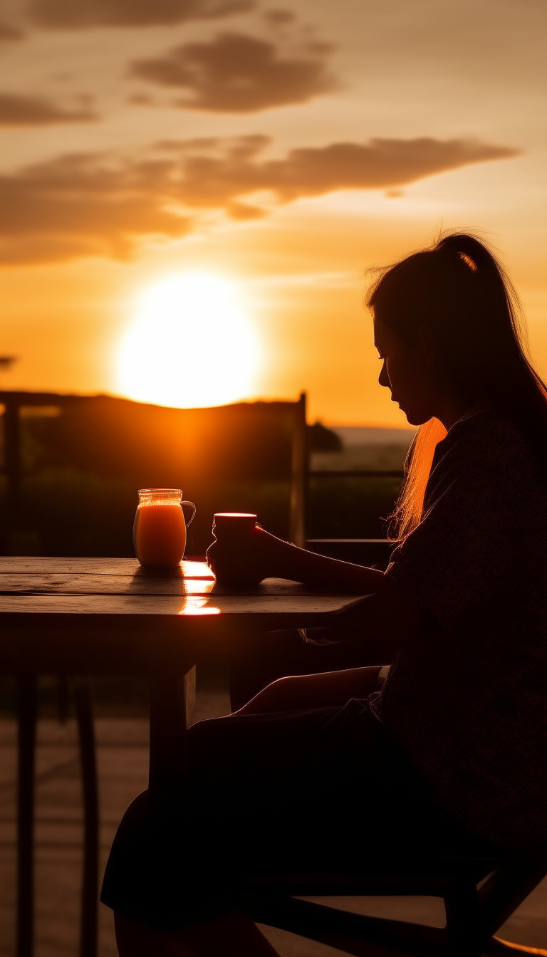 a photo of a person sitting at a table at sunset, warm lighting