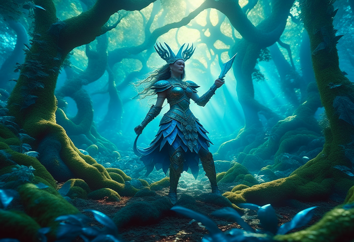 "Generate a vivid and enchanting scene of a mystical forest veiled in gloom, A Princess Warrior in battle gear, fighting a monster, cinematic,4k. photo-realistic, AR 16:9, intricate details