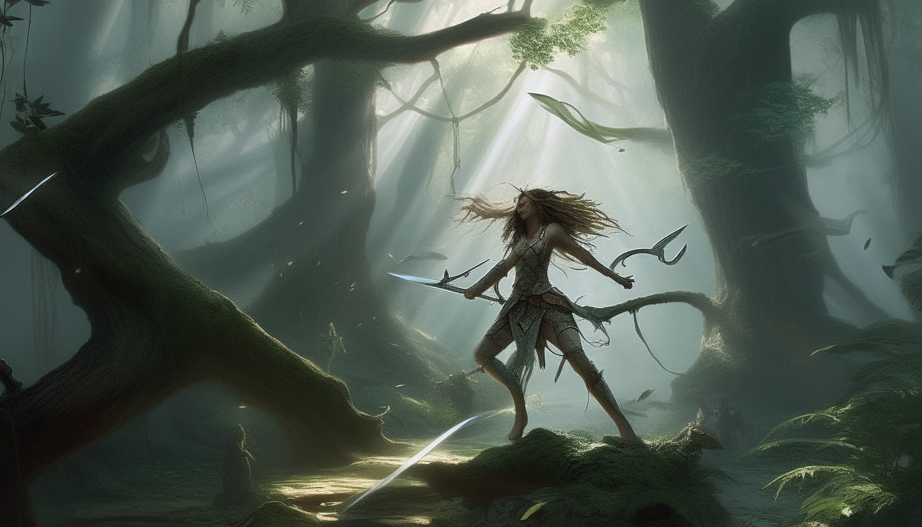 A vivid and enchanting scene of a mystical forest veiled in gloom, with gnarled ancient trees and vines, misty beams of light streaming through the canopy, moss-covered rocks and fallen logs on the leaf-strewn forest floor, A fierce woman warrior with long braided hair, wearing armor and wielding a sword, fighting against a large winged monster emerging from the shadows, very cinematic, extremely detailed and photorealistic digital painting, 4k resolution, 16:9 widescreen aspect ratio, in the style of fantastic realism art