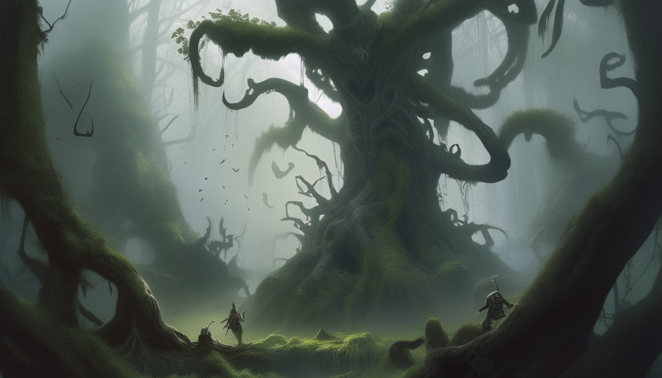 An enchanted forest scene with gnarled ancient trees, vines, mist, moss-covered rocks, several large winged and horned monsters with claws emerging from the shadows and foliage