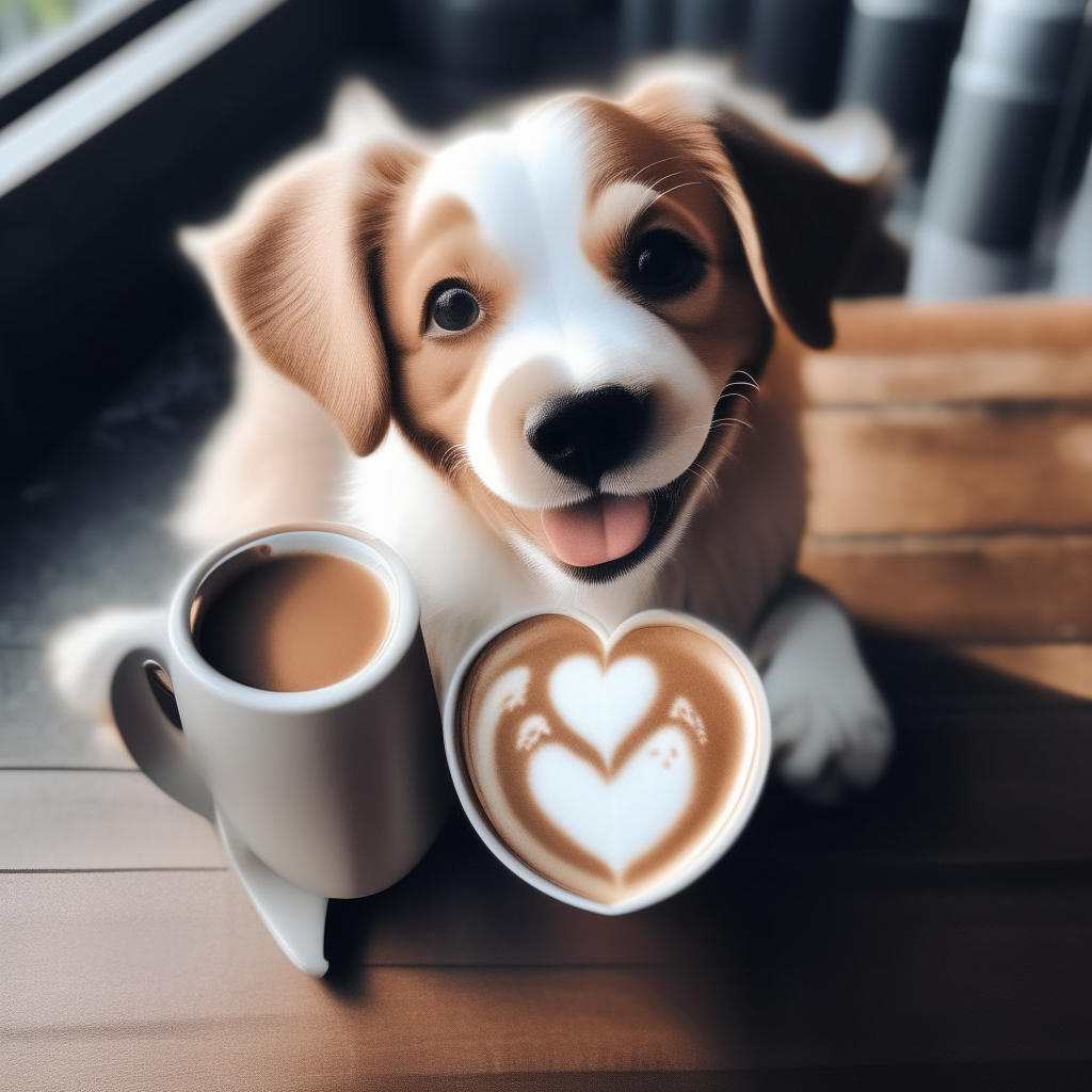 a happy puppy drinking a latte with heart-shaped foam art