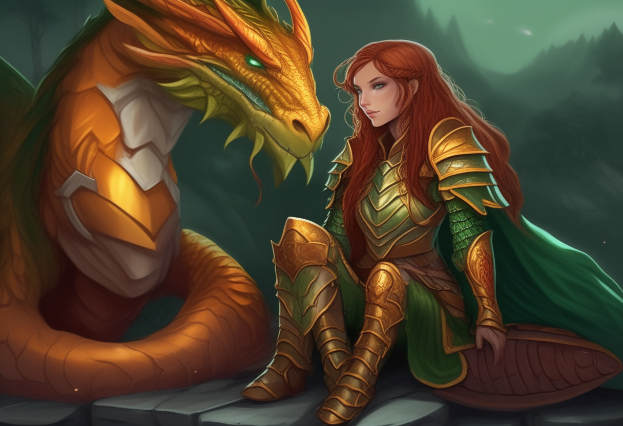 A fierce warrior princess with long braided red hair, wearing armor, sitting on the ground next to a large green dragon with yellow eyes