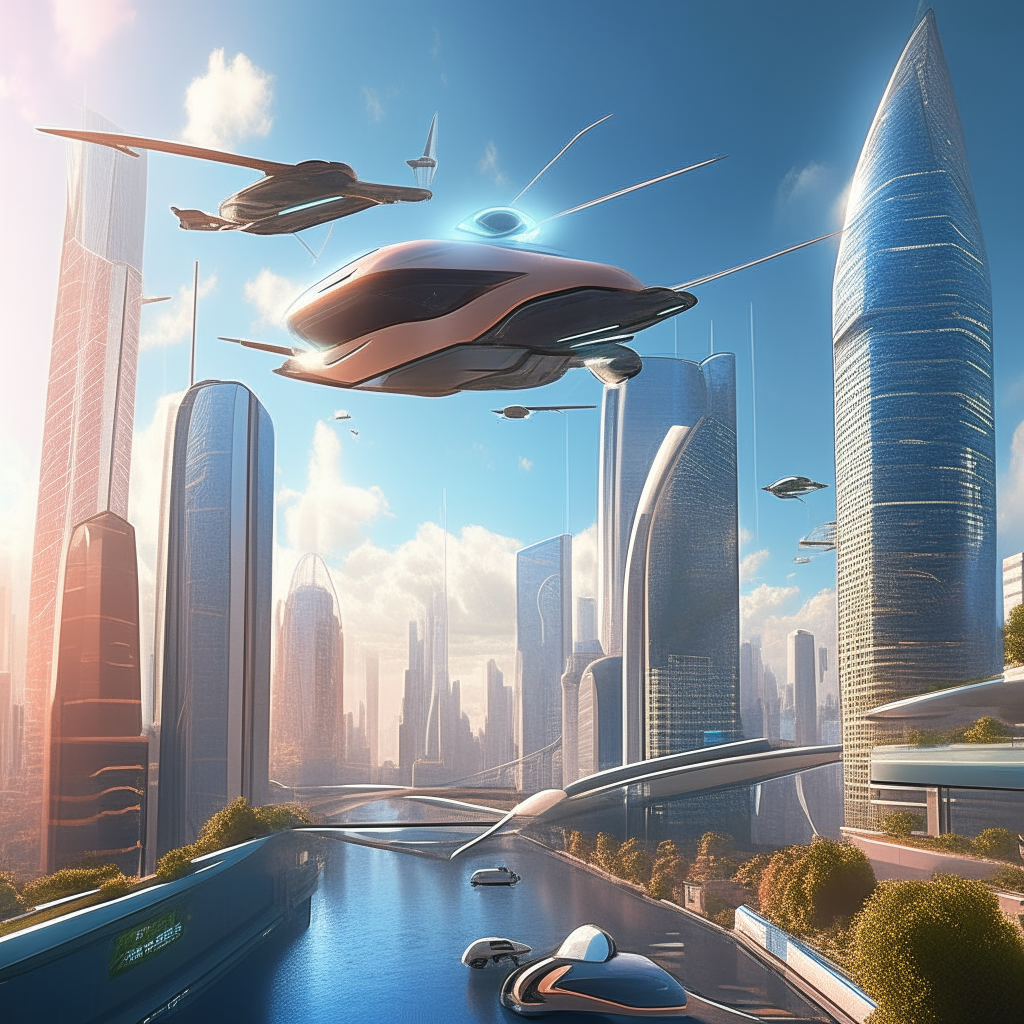 a futuristic cityscape with towering skyscrapers and flying cars zooming by