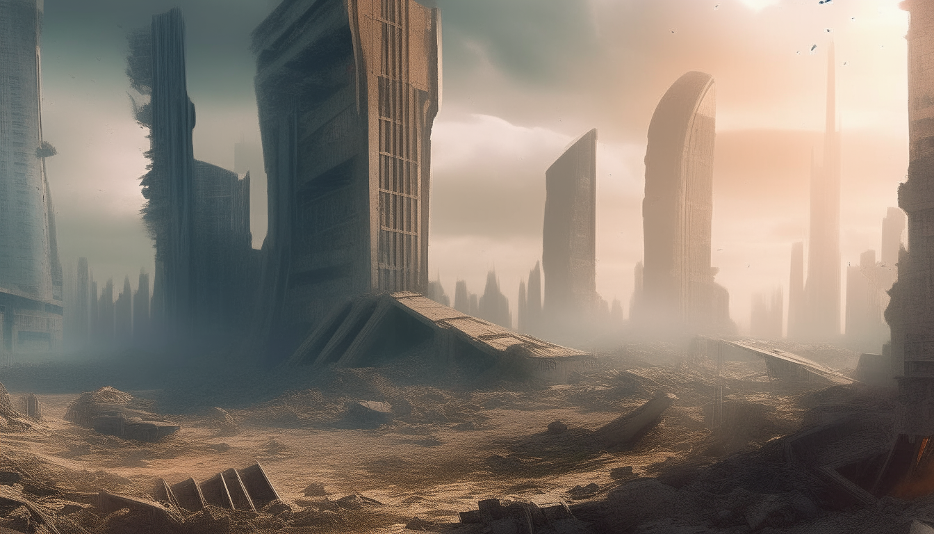 A futuristic city with collapsed towers and rubble after an alien attack 16:9 aspect ratio illustration