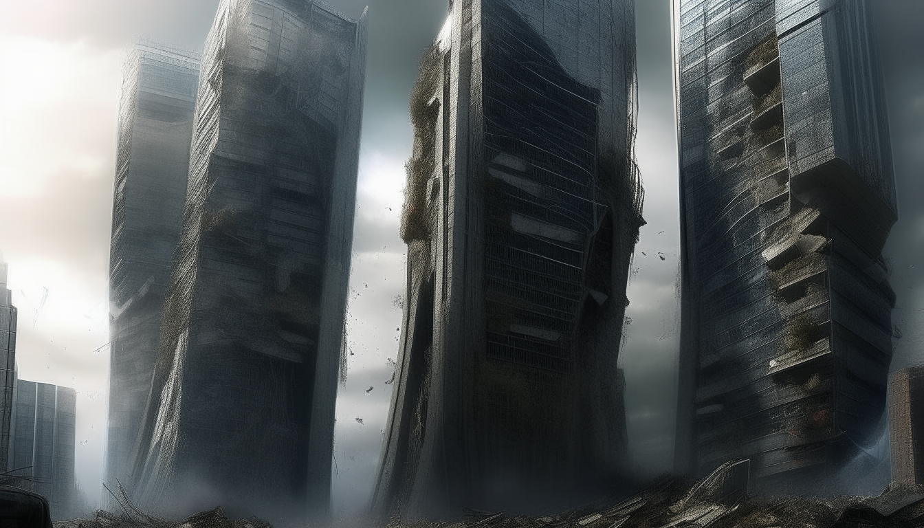 A futuristic cityscape under attack from alien spaceships firing lasers that damage buildings