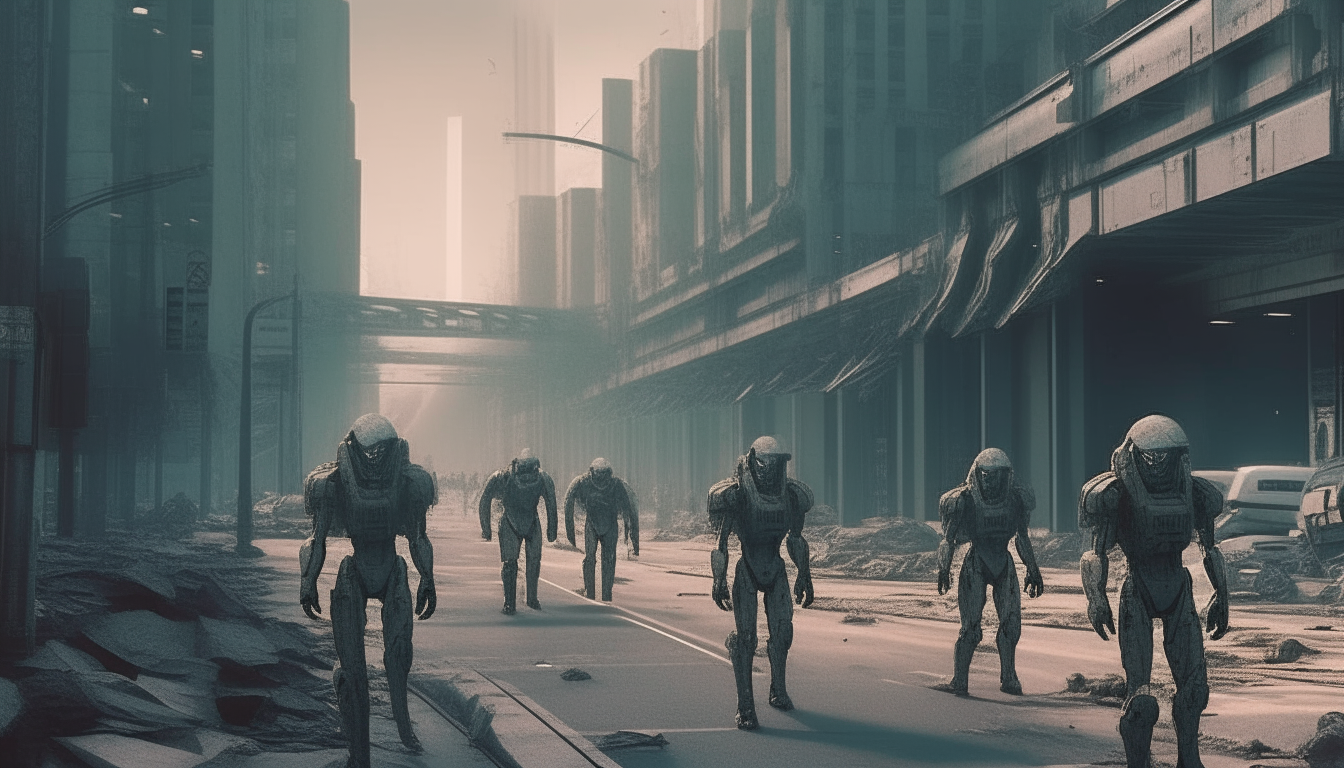 Futuristic city streets lined with ruined buildings after an alien invasion Alien soldiers marching down the streets Digital art illustration, 16:9 aspect ratio