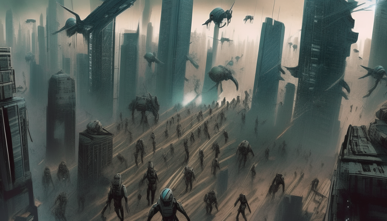 Bird's eye view of an alien army marching through a war-torn futuristic city Ruined skyscrapers in the background Digital painting, 16:9 widescreen aspect ratio