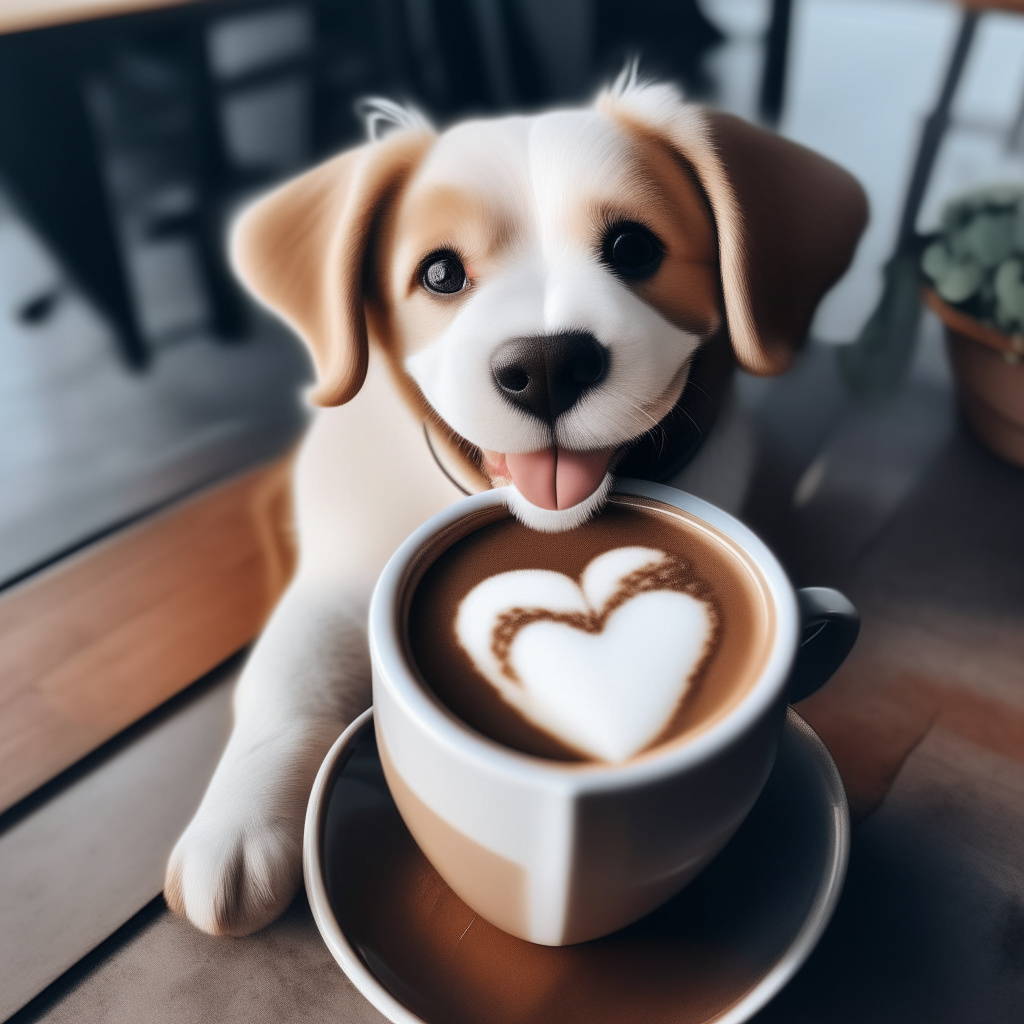 a happy puppy drinking a latte with heart-shaped foam art