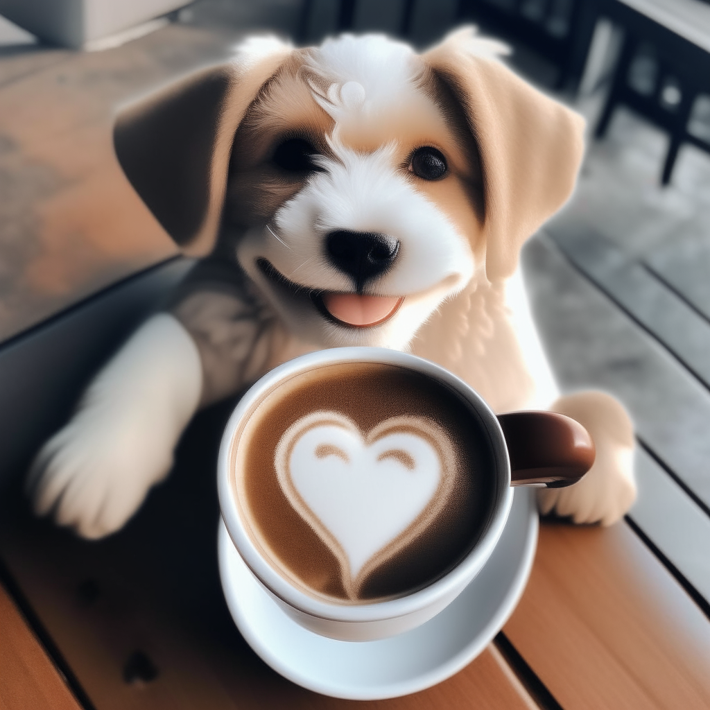 a happy puppy drinking a latte with heart-shaped foam art