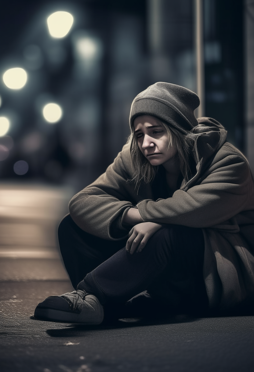 a sad homeless girl sitting on a city sidewalk at night, desaturated