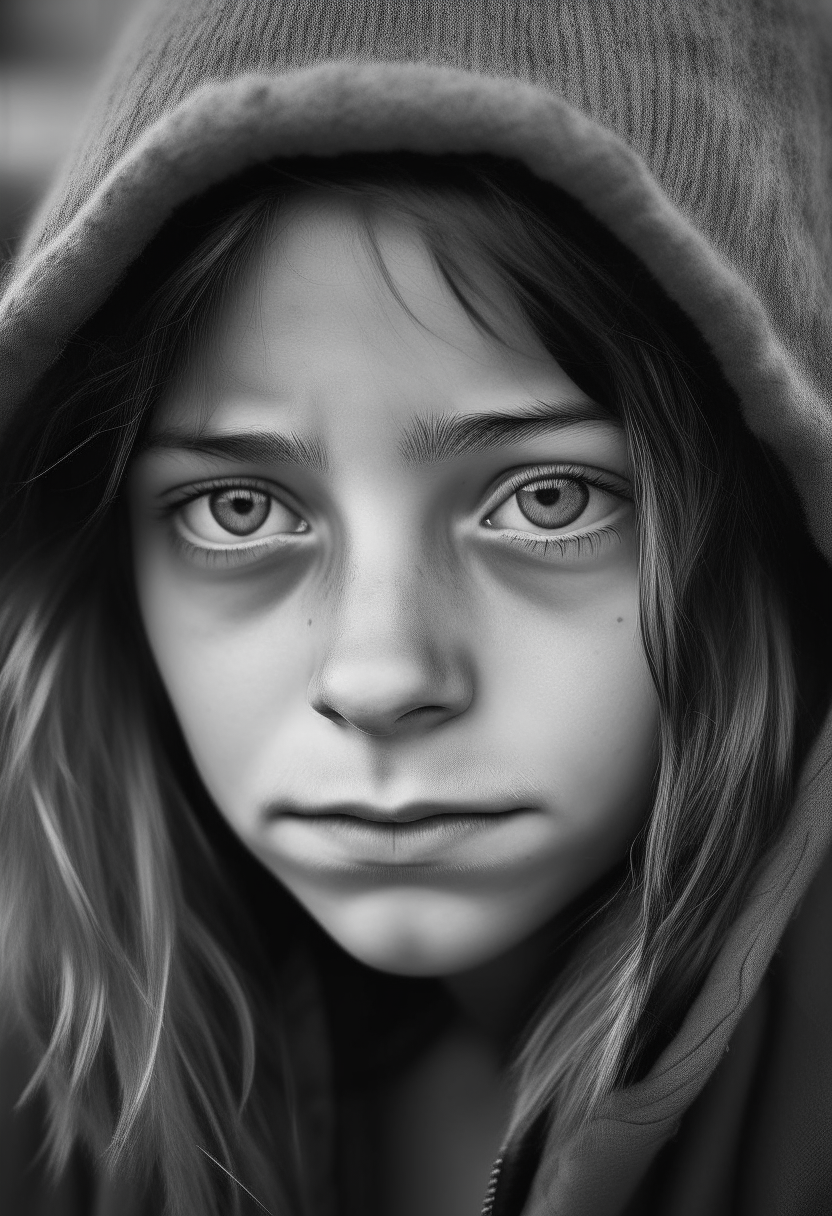 A homeless girl with sad eyes staring directly at the camera, black and white portrait