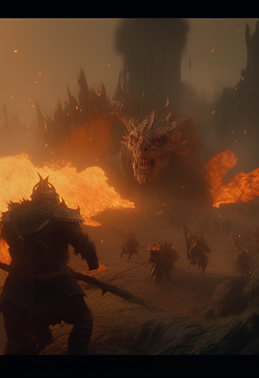 The Orcs on the battlefield began to run as the Dragon blew flames of fire at them, cinematic, 4k resolution, intricate details on each item