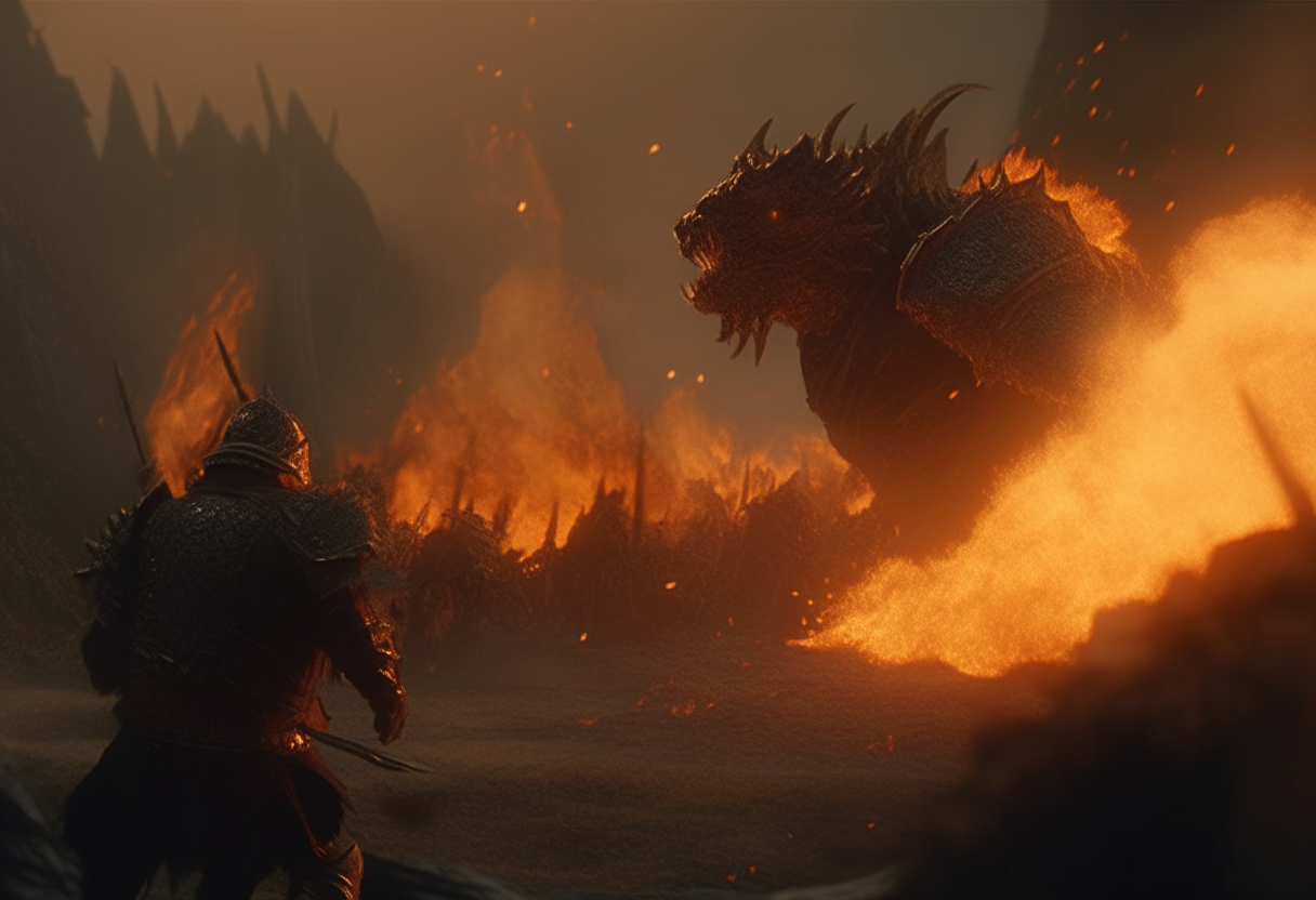 The Orcs on the battlefield began to run as the Dragon blew flames of fire at them, cinematic, 4k resolution, intricate details on each item