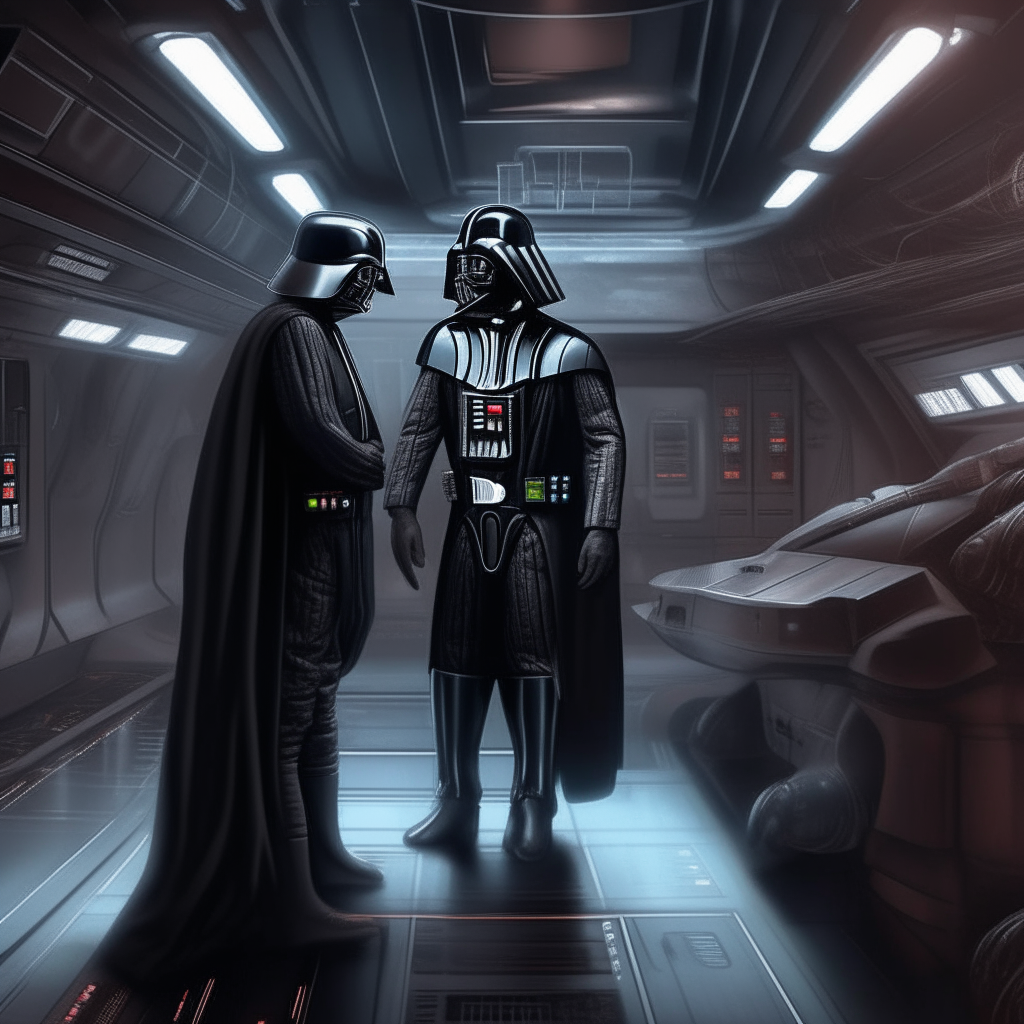 Darth Vader in the Death Star galley with the first officer with his hands around his neck with him dangling with his feet off the floor, highly detailed digital art