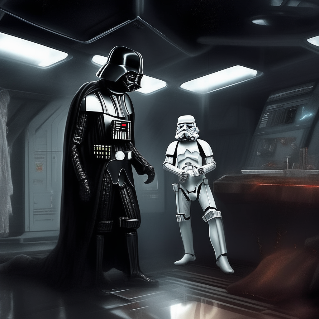 Darth Vader in the Death Star galley with a storm Trooper. Darth Vader's right hand is around the storm trooper's neck. The storm trooper's feet are dangling off the floor. highly detailed digital art painting