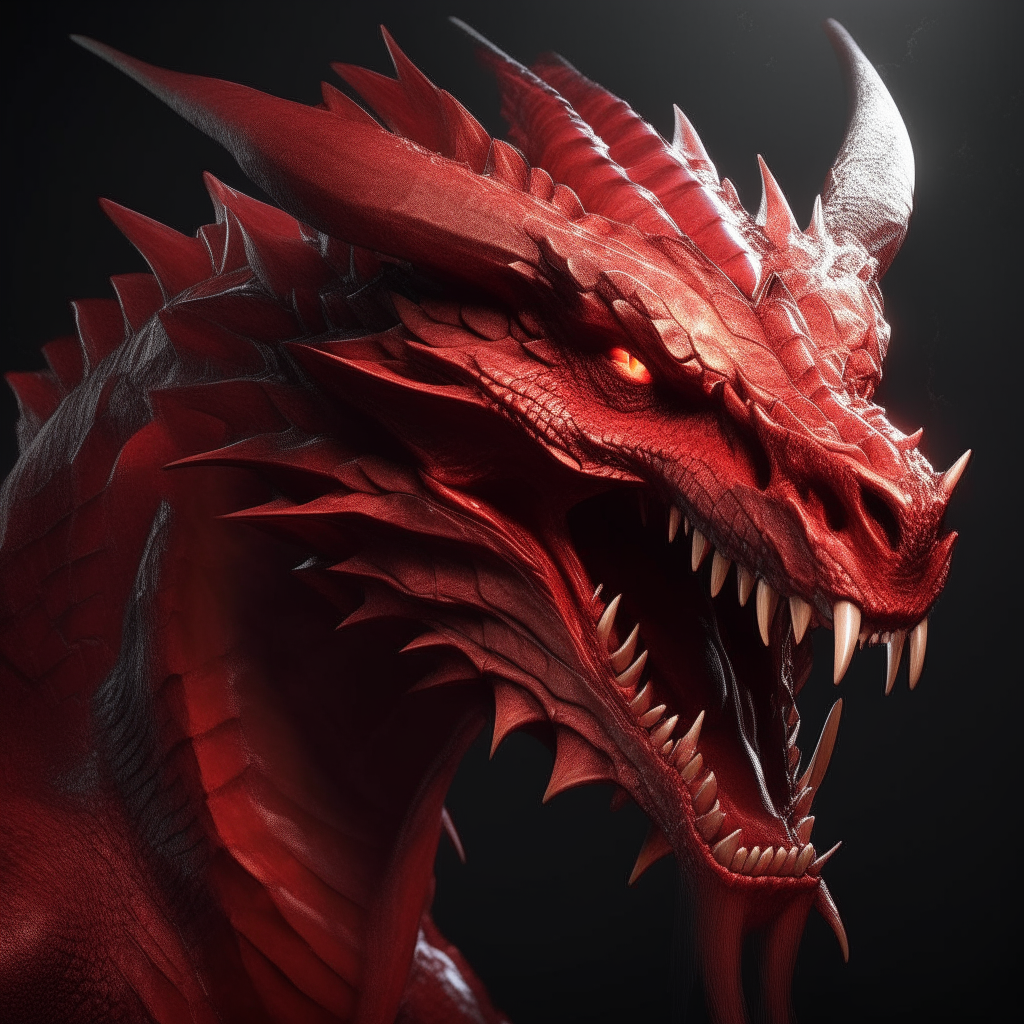 an intimidating red dragon with sharp teeth and claws, detailed scales, dramatic lighting, digital art