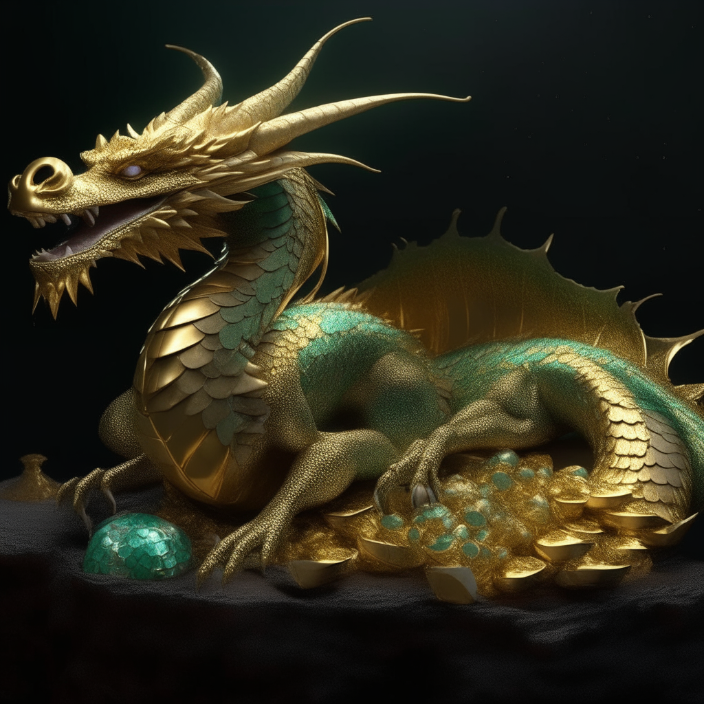 an wise old green dragon sitting on a pile of gold and jewels, detailed scales, dramatic lighting, digital art