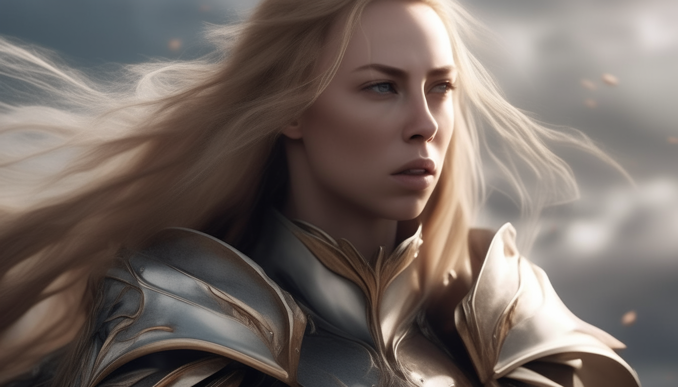 A fierce warrior princess wearing armor and holding a sword, long blonde hair blowing in the wind, highly detailed 4k photo-realistic portrait