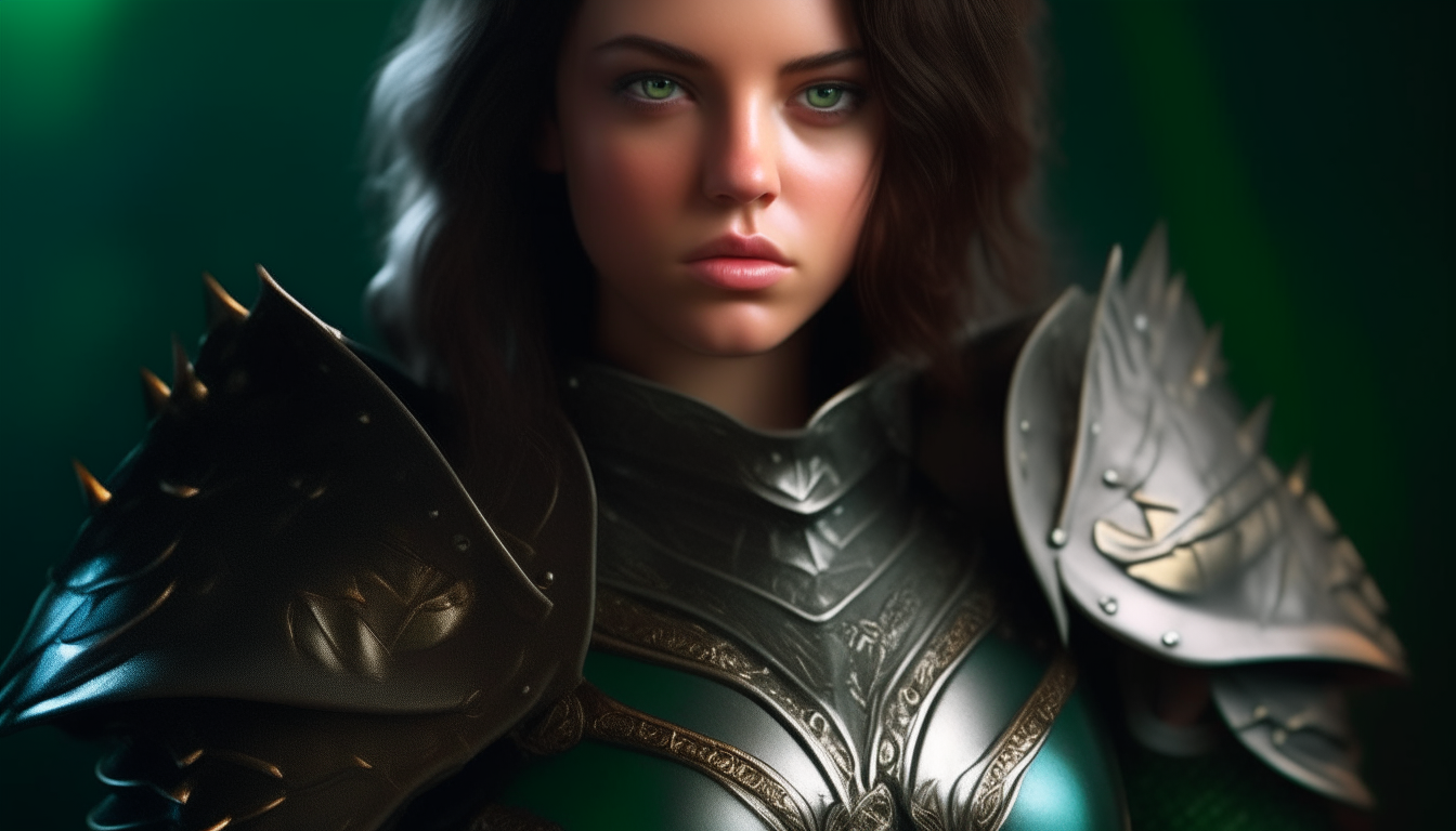 A beautiful warrior princess with dark hair and emerald green eyes, wearing a metal breastplate and leather armor, highly detailed 4k photo-realistic portrait