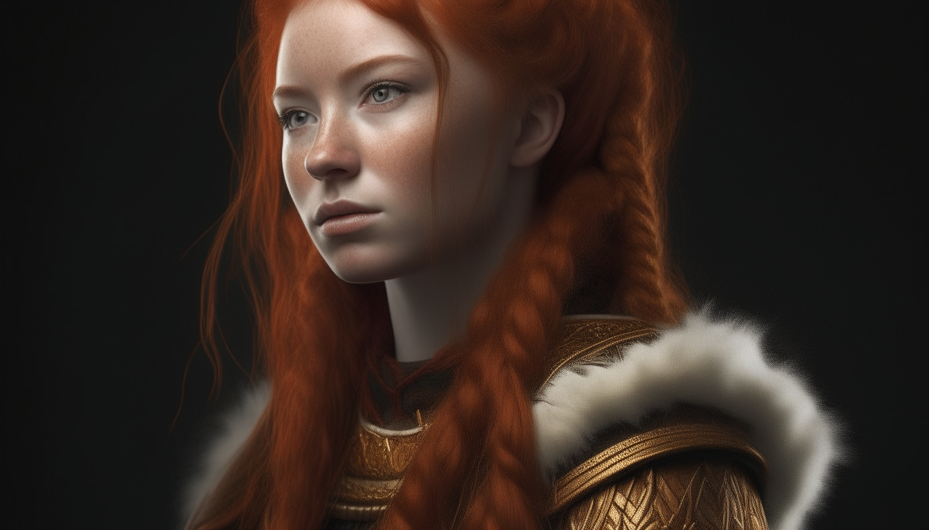 A warrior princess with red hair braided with gold ribbons, wearing a fur cloak, highly detailed 4k photo-realistic portrait