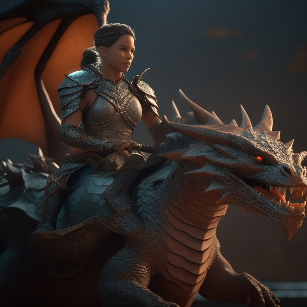 Princess warrior Layria riding on the back of her dragon named Drego. the image has to be cinematic, 4k resolution, intricate details