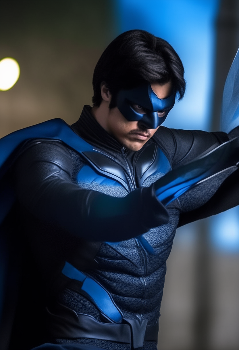 un nightwing ninja en una pose de acción dinámica, con máscara de ninja
