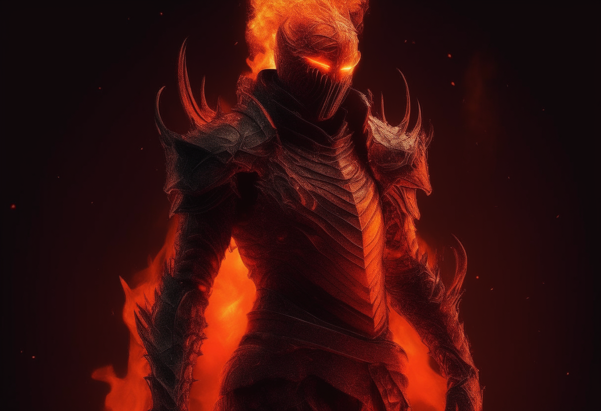 Creature wrapped in red and orange flames in black metal armor, flame world background. Masterpiece, stunning, work of art, dark fantasy, dark, high resolution, 8K