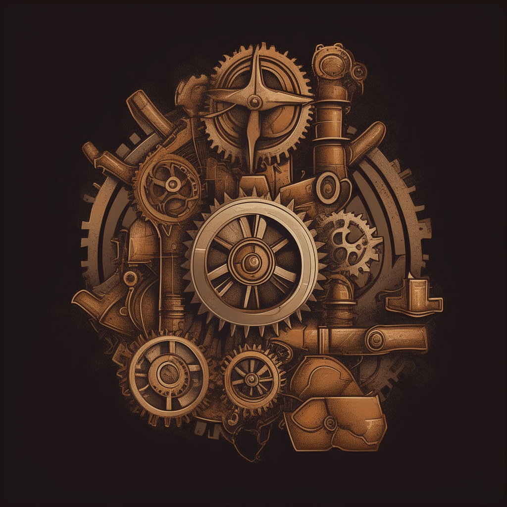 Steampunk-style logo with gears, pipes, rivets, and antique elements