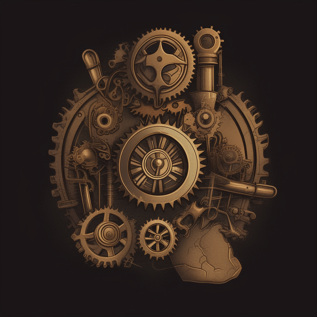 Steampunk-style logo with gears, pipes, rivets, and antique elements in the shape of a heart