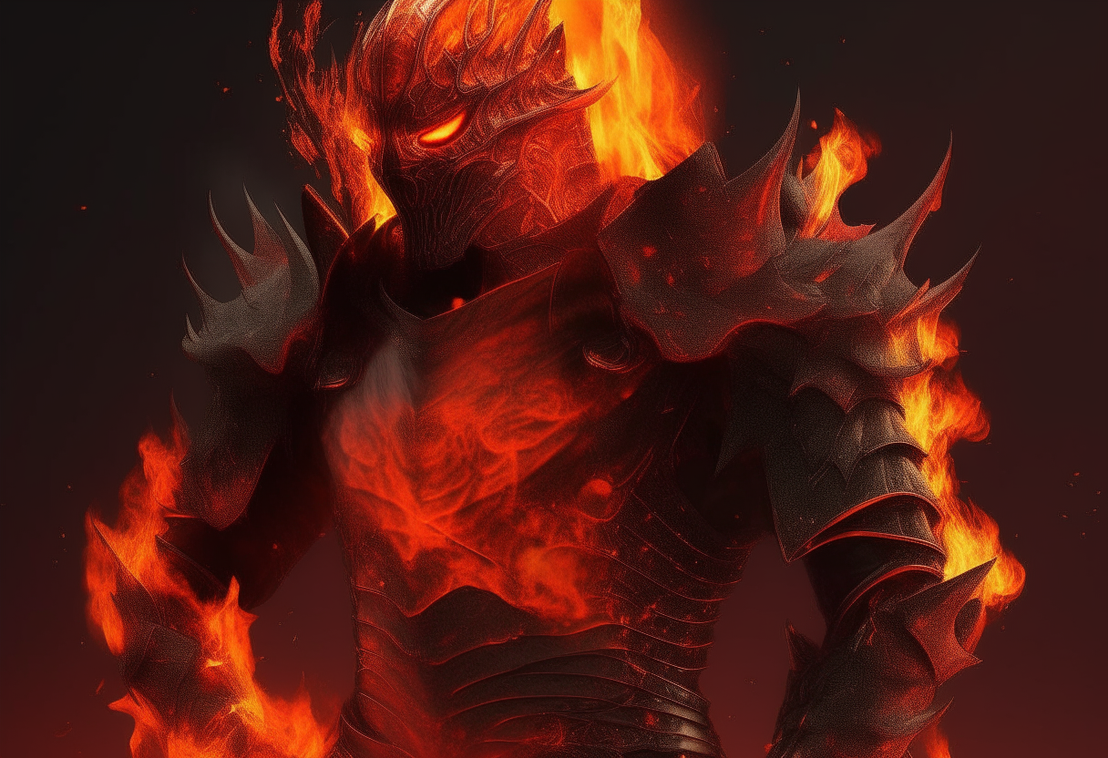 Creature wrapped in bright red and orange flames in black metal armor, realistic fire effects, masterpiece artwork