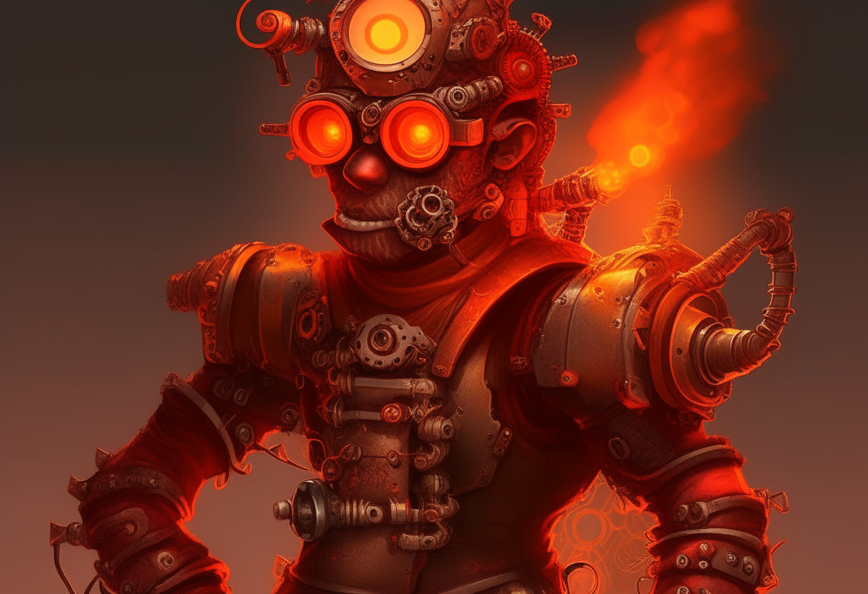 Creature wrapped in bright red and orange flames wearing Steampunk armor and goggles, with gears, pipes, rivets, and antique elements