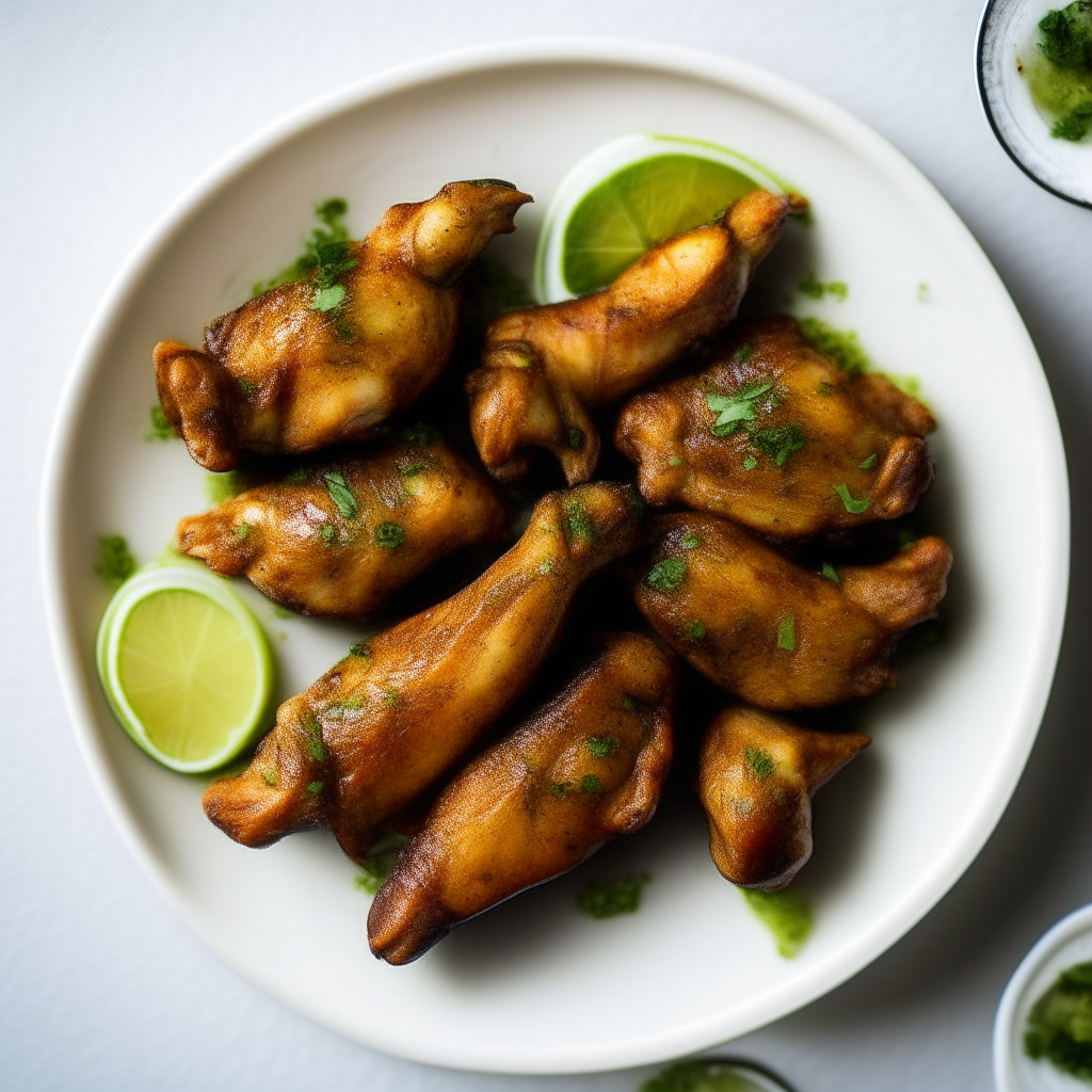 Top down view of cilantro-lime chicken wings on a white plate, extremely detailed and in focus, bright studio lighting