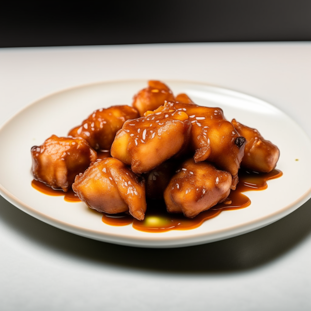 Teriyaki chicken thigh bites arranged neatly on a white plate, extremely sharp focus, bright studio lighting