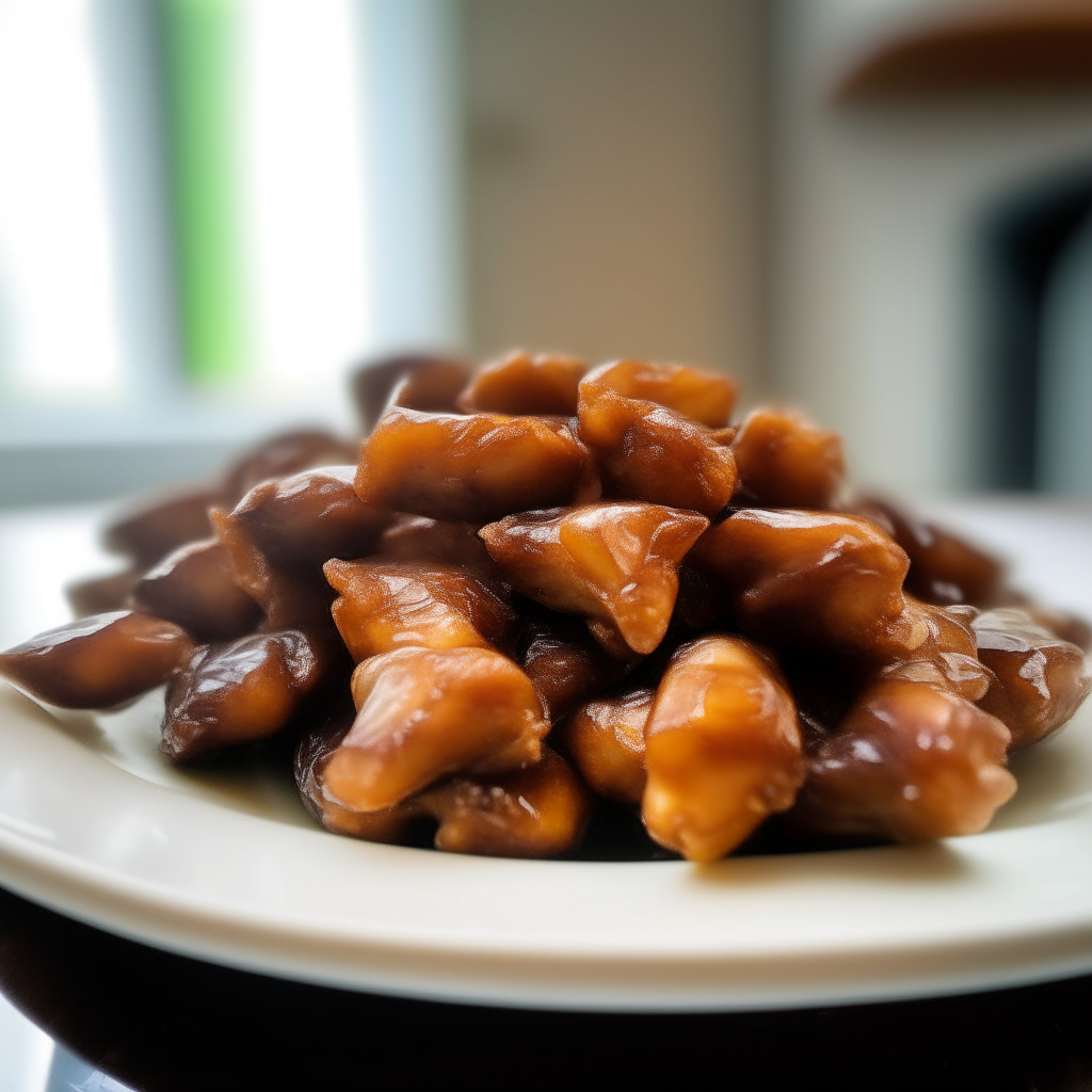 Pile of teriyaki chicken thigh bites on a white plate, shot at a 45 degree angle, razor sharp focus, natural lighting from a window