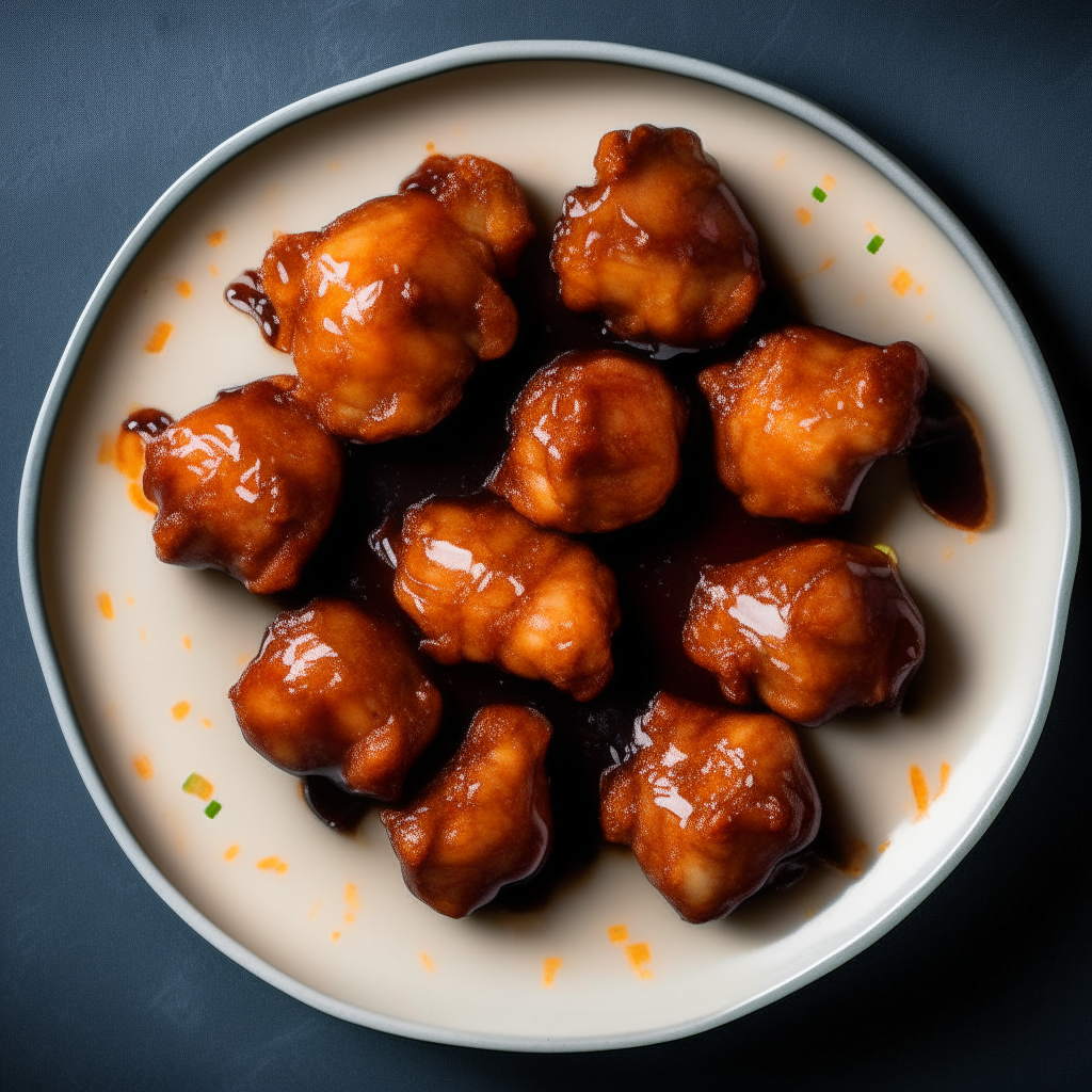 Top down view of teriyaki chicken thigh bites on a plate, very detailed and completely in focus, bright studio lighting