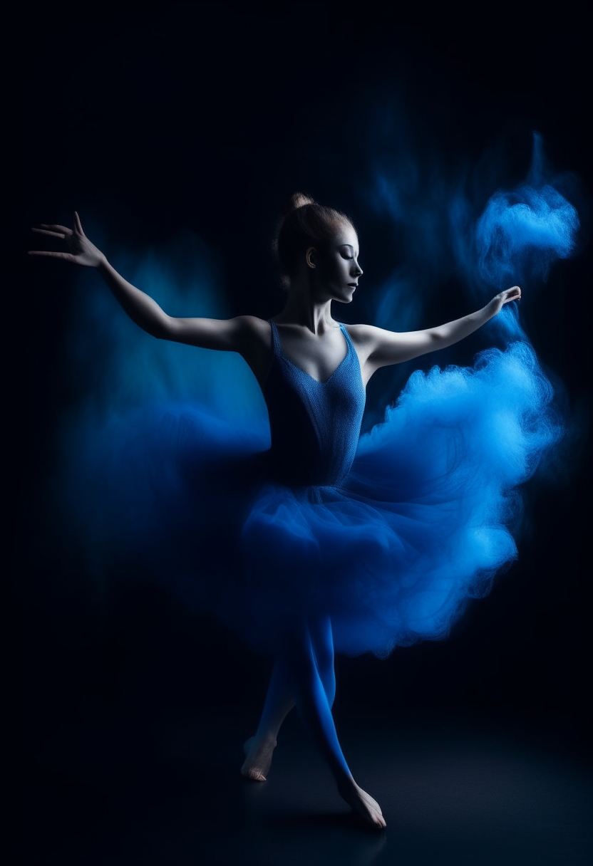 A dancing ballerina twisting in electric blue smoke