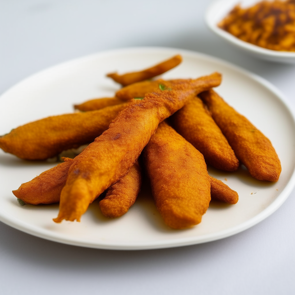 Spiced turmeric chicken tenders arranged on a white plate, extremely sharp focus, bright studio lighting