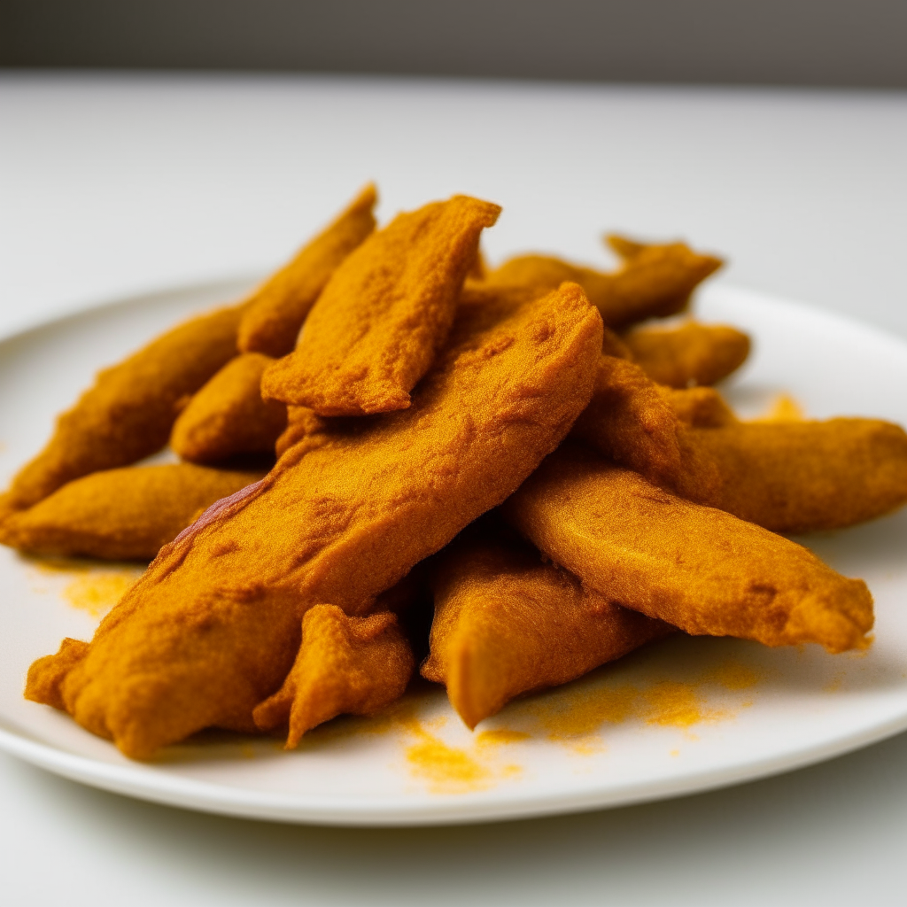 Pile of spiced turmeric chicken tenders on a white plate, shot at a 45 degree angle, razor sharp focus, natural lighting