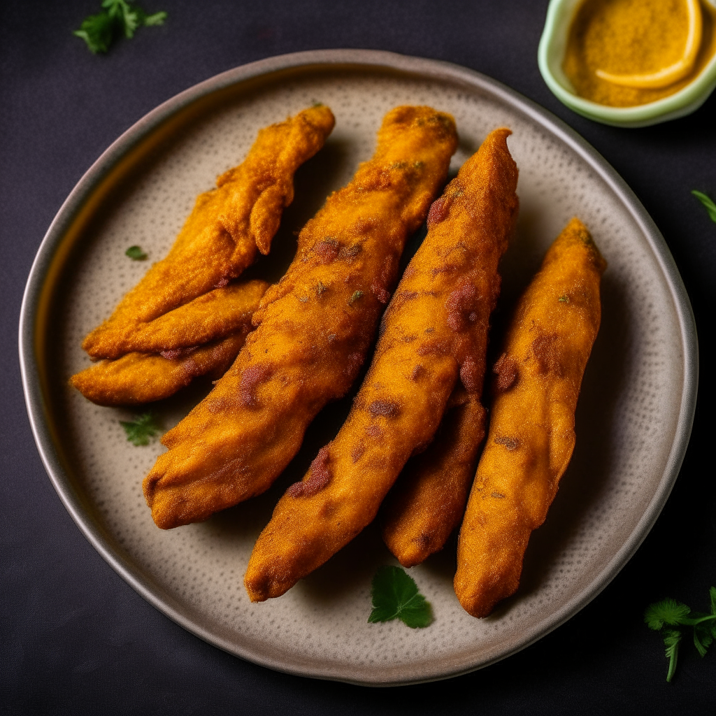 Top down view of spiced turmeric chicken tenders on a plate, very detailed and completely in focus, bright studio lighting