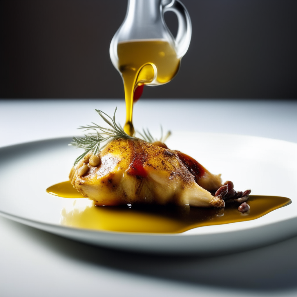 Mediterranean olive-oil drizzled chicken arranged on a white plate, extremely sharp focus, bright studio lighting